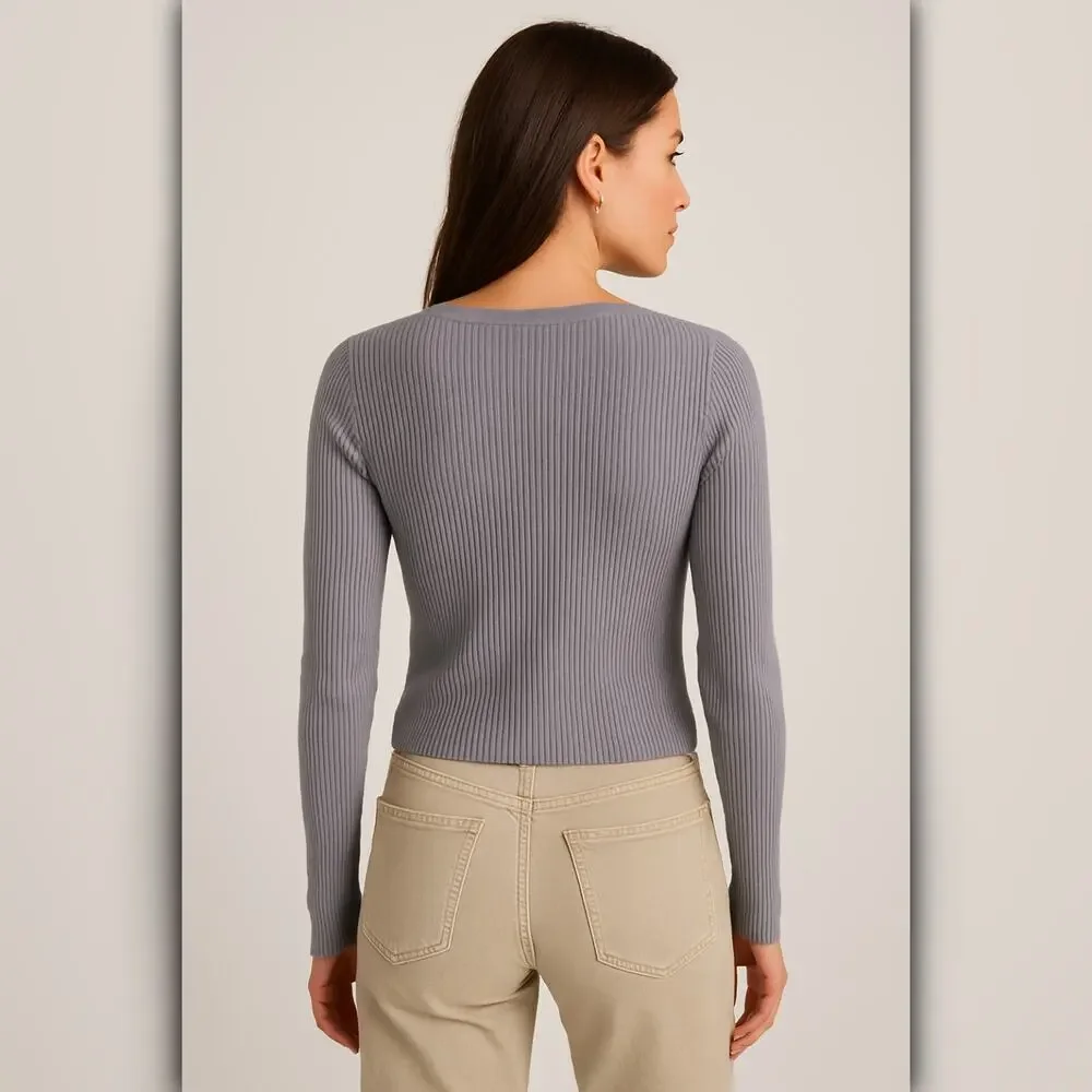 A197-B • Ribbed Button-Front V-Neck Cardigan - Picture 3 of 5